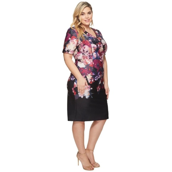 Adrianna Papell Black and Pink Floral Midi Dress - Picture 1 of 6